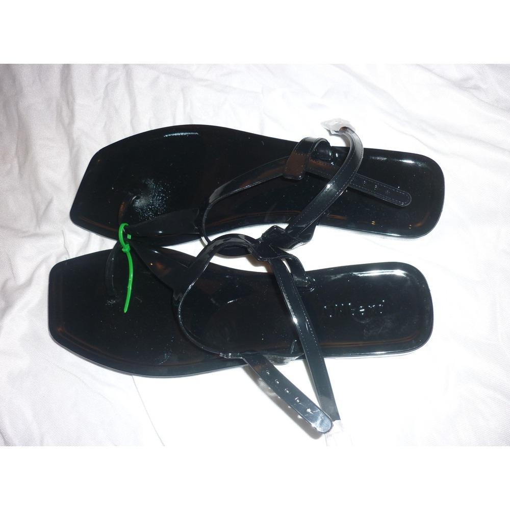 NEW OMGard Black Jelly Thong Sandals Square‎ Toe Flat with Ankle Strap Women